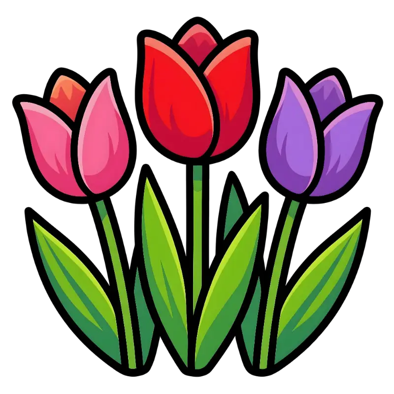 Colorful Flat Design Tulips Kiss Cut Sticker with Bold Outlines
