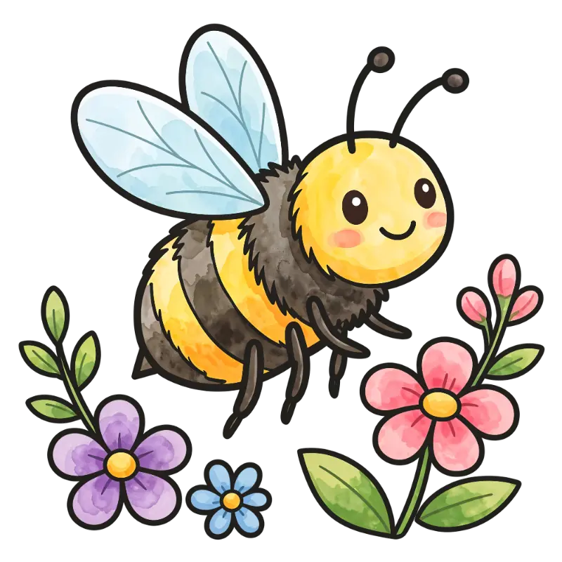 Watercolor Cute Smiling Bee Character with Stylized Flowers