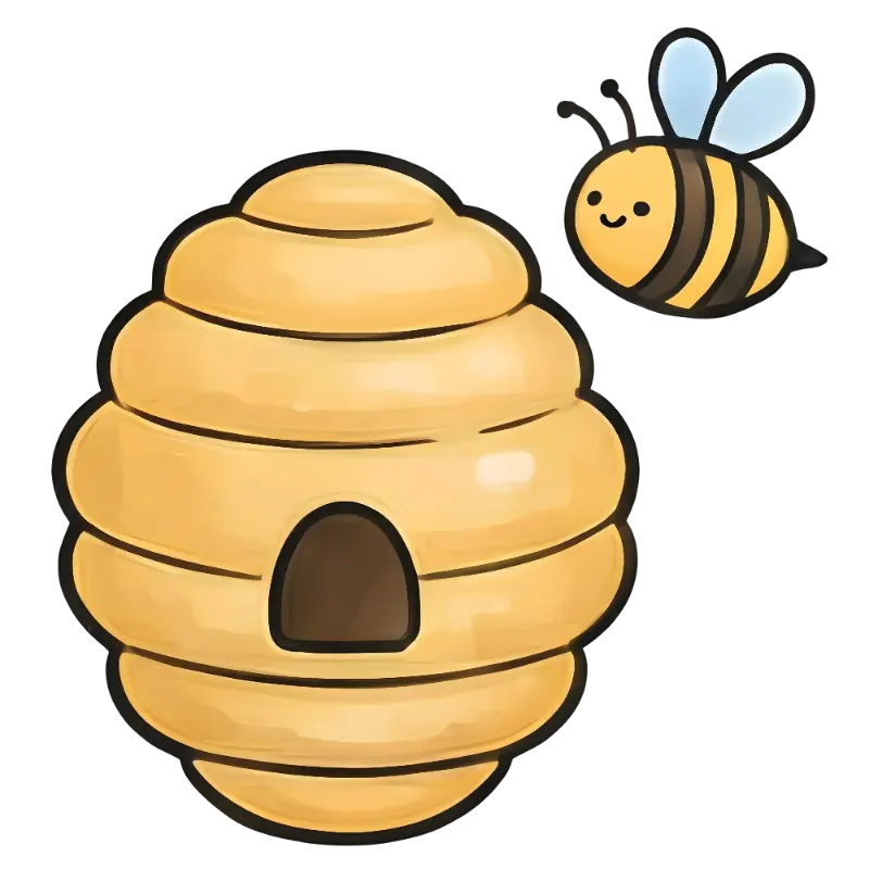 Cute Yellow Bee and Segmented Beehive with Thick Outlines