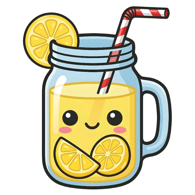Kawaii Smiling Lemonade Mason Jar with Striped Straw and Lemon Slices