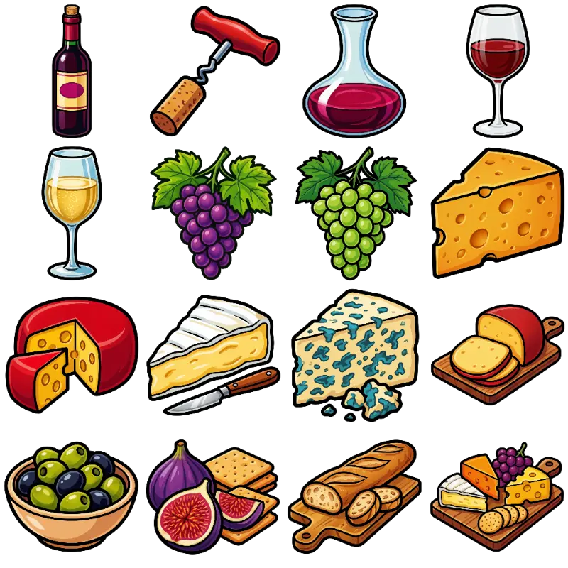 Bold Outline Detailed Charcuterie Wine Cheese and Fruit Spread