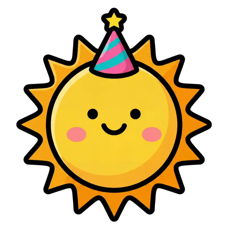 Kawaii Smiling Sun Character with Striped Party Hat