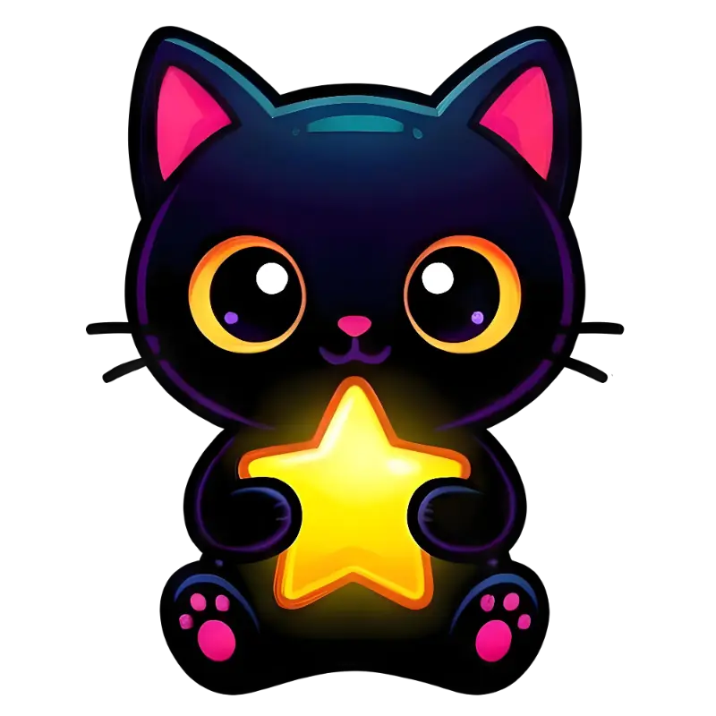 Kawaii Black Cat Character with Expressive Eyes and Glowing Star