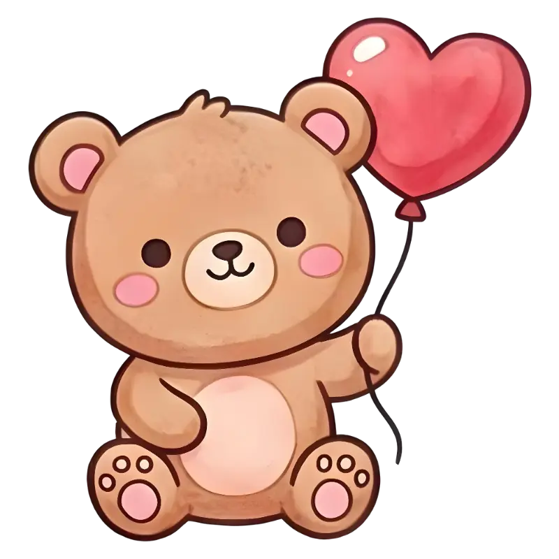 Kawaii Watercolor Teddy Bear Illustration with Heart Balloon