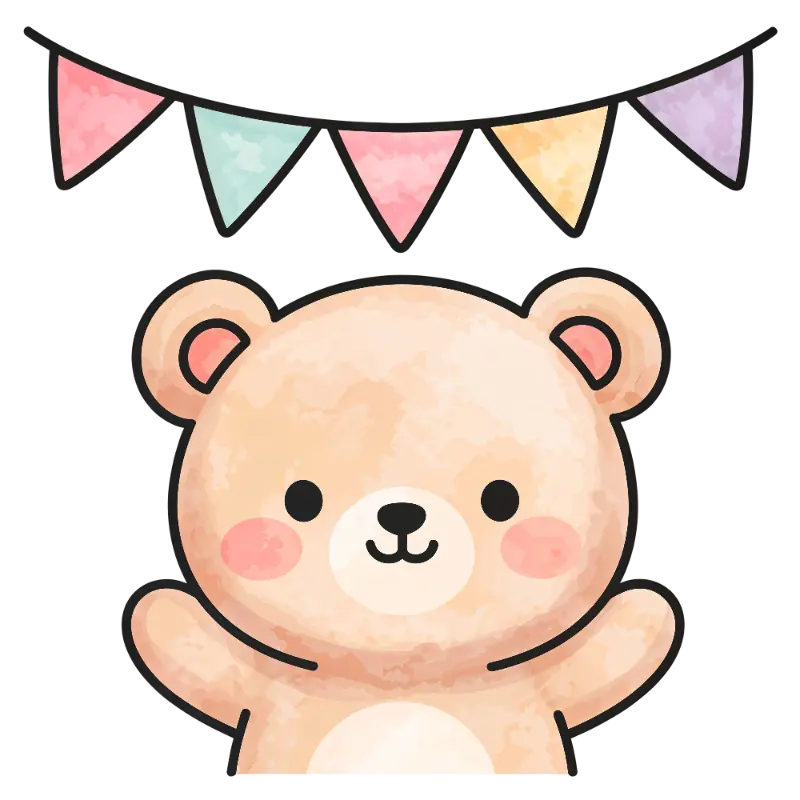 Watercolor Cute Bear Peeking with Pastel Bunting Flags
