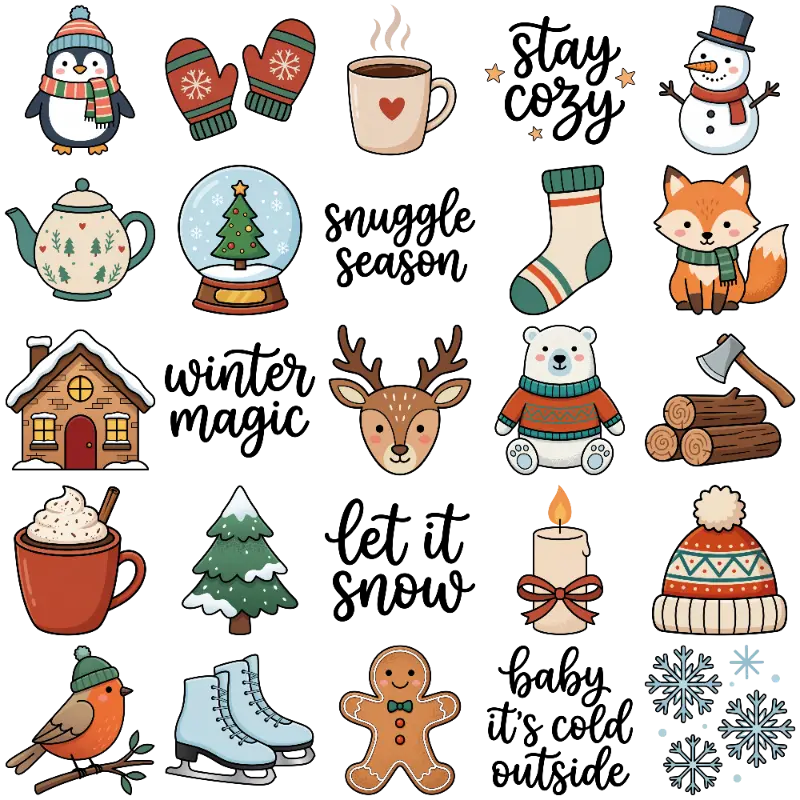 Cute Cartoon Winter Wonderland Icons and Holiday Motifs