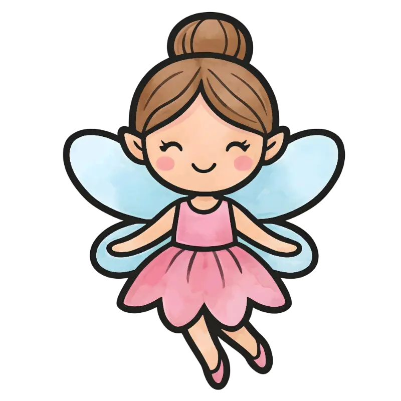Kawaii Smiling Fairy Character in Pink Dress with Watercolor Texture