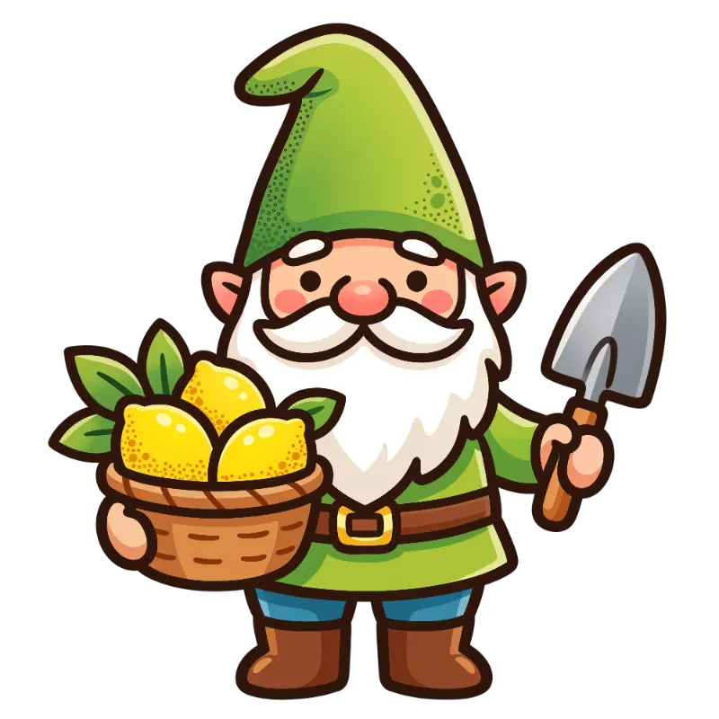 Whimsical Garden Gnome with Lemons and Shovel Illustration