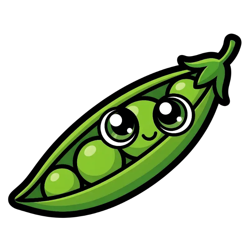 Kawaii Smiling Pea Pod Character with Big Glossy Eyes