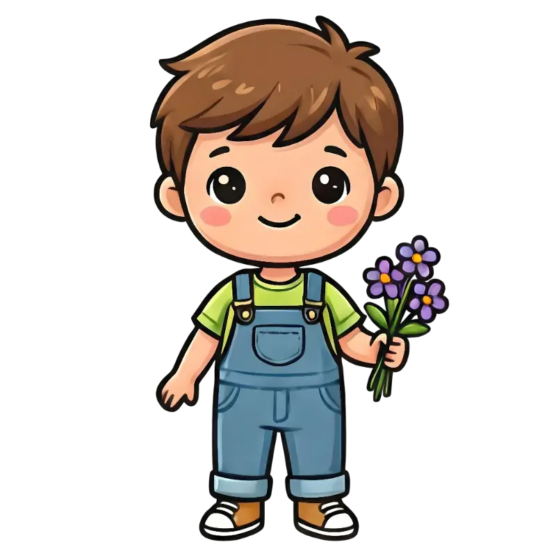 Cute Cartoon Boy in Denim Overalls with Purple Flowers