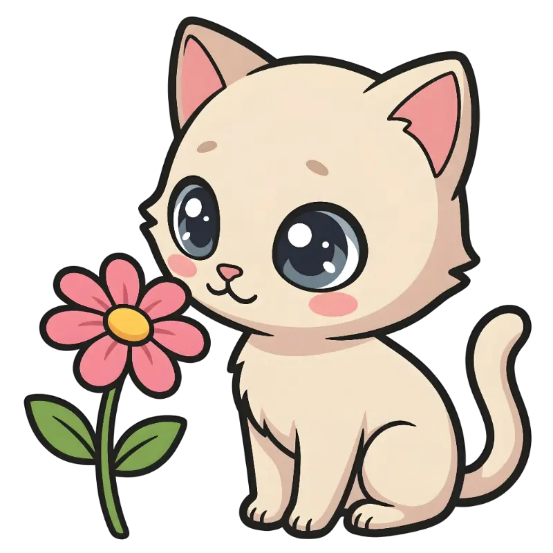 Kawaii Cute Cream Cat with Expressive Eyes and Pink Flower Character
