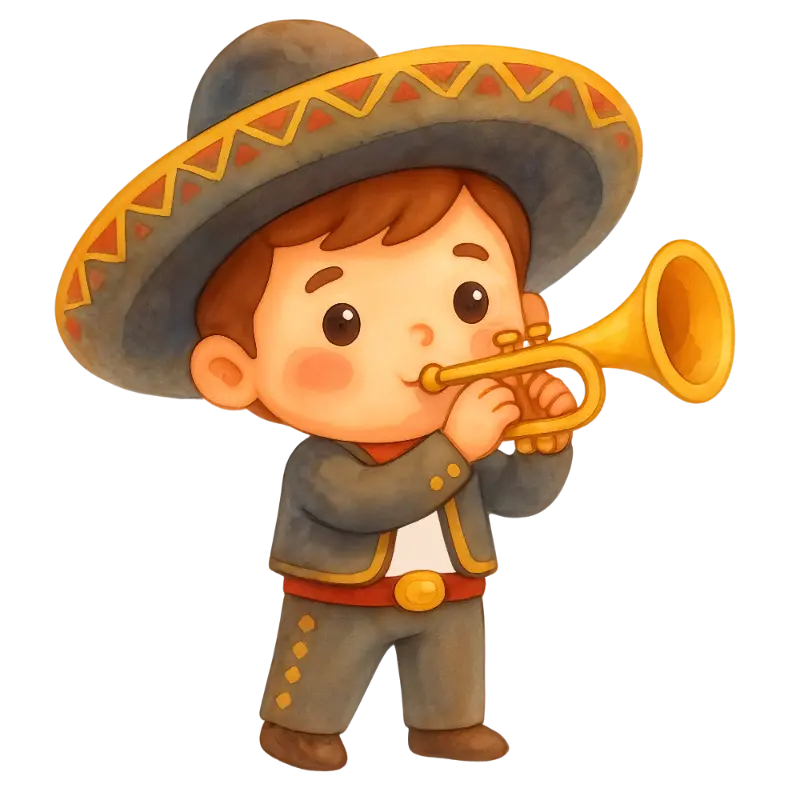 Festive Watercolor Chibi Boy Wearing Sombrero Playing Trumpet