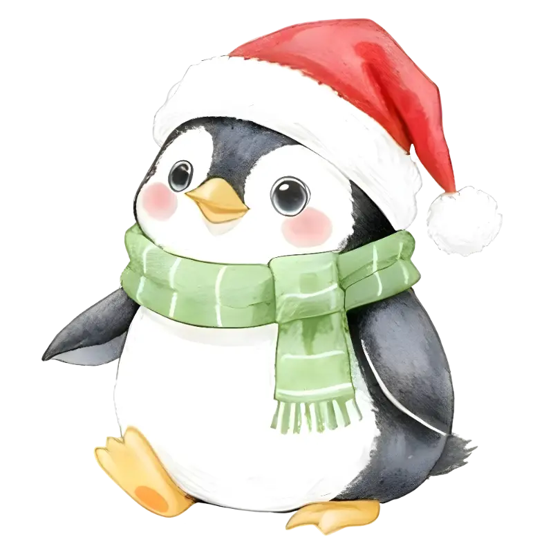Watercolor Kawaii Cute Penguin Christmas Illustration with Santa Hat