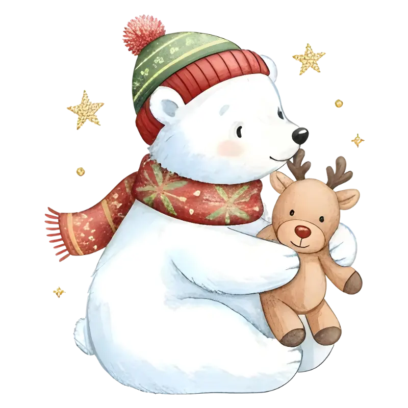 Watercolor Polar Bear holding Reindeer Toy Christmas Illustration for Kids