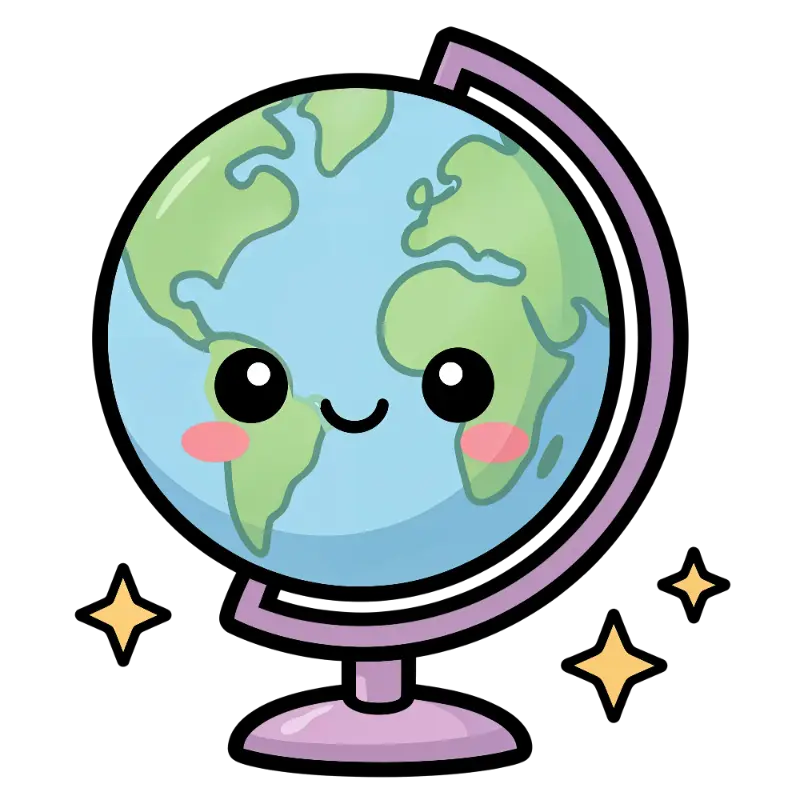Kawaii Anthropomorphic Globe with Friendly Face and Stars