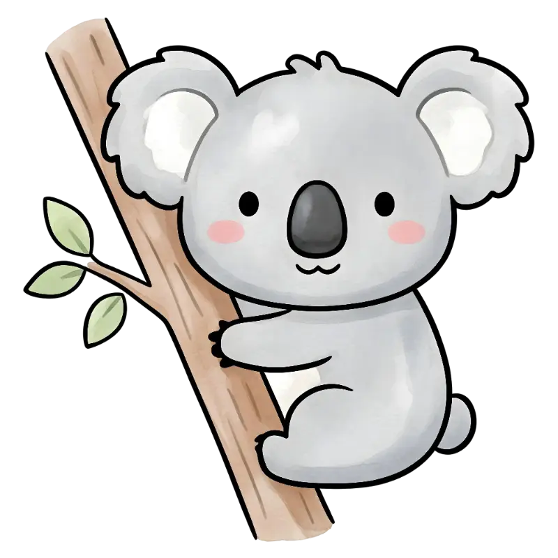 Cute Koala Illustration on a Tree Branch with Pink Cheeks