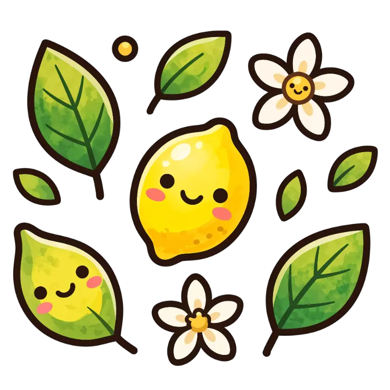 Kawaii Smiling Lemon and Leaves Watercolor Pattern