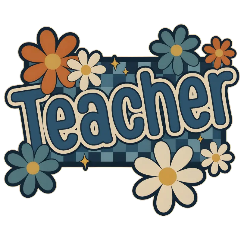 70s Retro Teacher Sticker Art with Daisy Flowers & Checkerboard