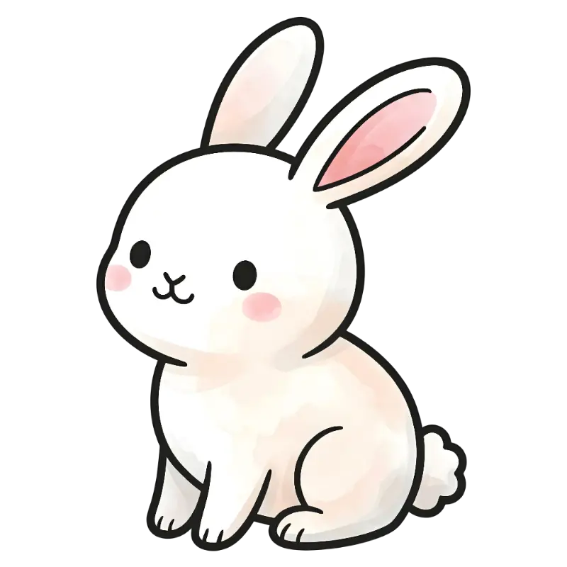 Kawaii Watercolor White Bunny Character with Pink Blush Cheeks