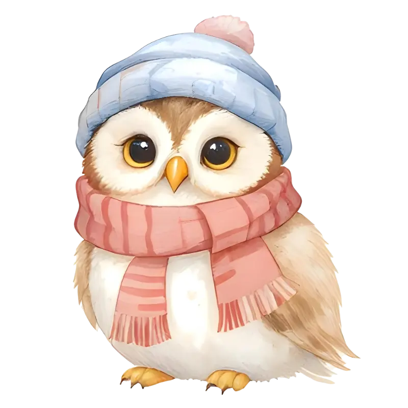 Watercolor Cute Owl Wearing a Hat and Scarf Illustration for Kids