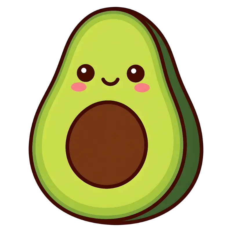 Friendly Kawaii Avocado with Simple Face and Thick Outline