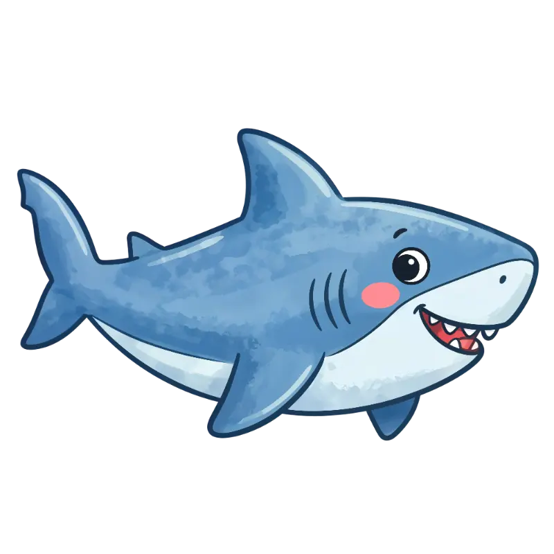 Watercolor Smiling Cartoon Shark with Blush Cheeks