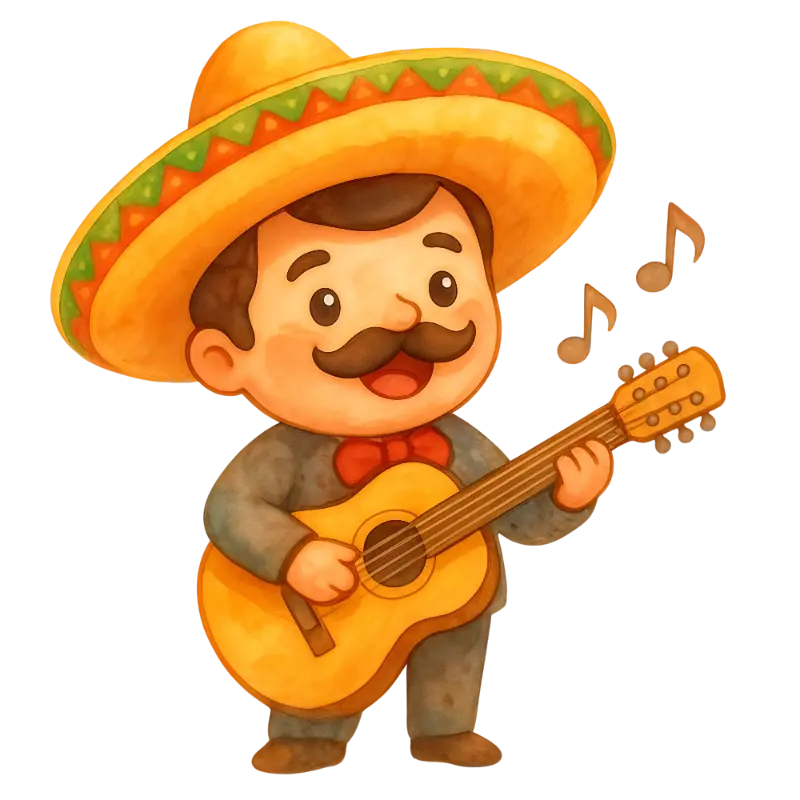 Playful Watercolor Chibi Mariachi Guitarist with Sombrero