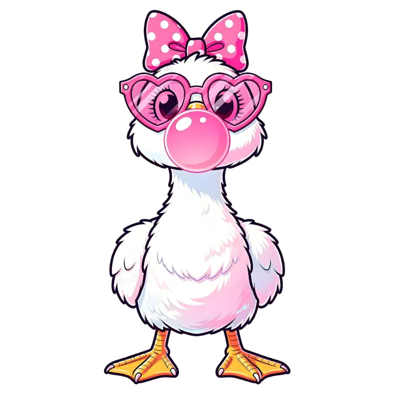 Kawaii Duck with Heart Sunglasses, Pink Bow, and Bubblegum