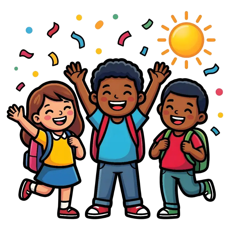 Cartoon Children Celebrating with Confetti and Backpacks