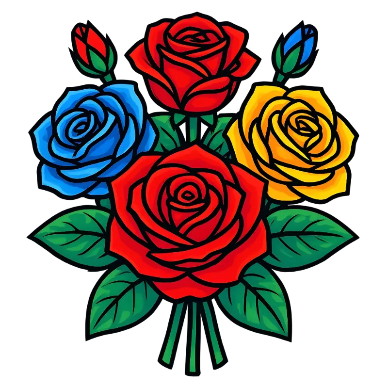 Vibrant Line Art Stylized Rose Bouquet with Thick Outlines