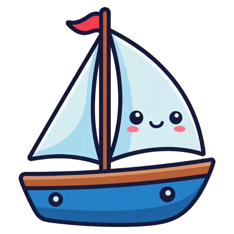Kawaii Sailboat Character with Smiling Face and Red Flag