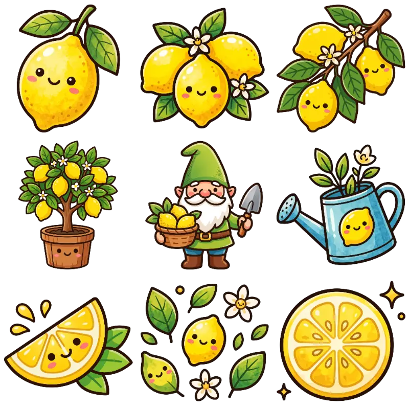 Cheerful Cartoon Lemons and Gardening Elements Collection