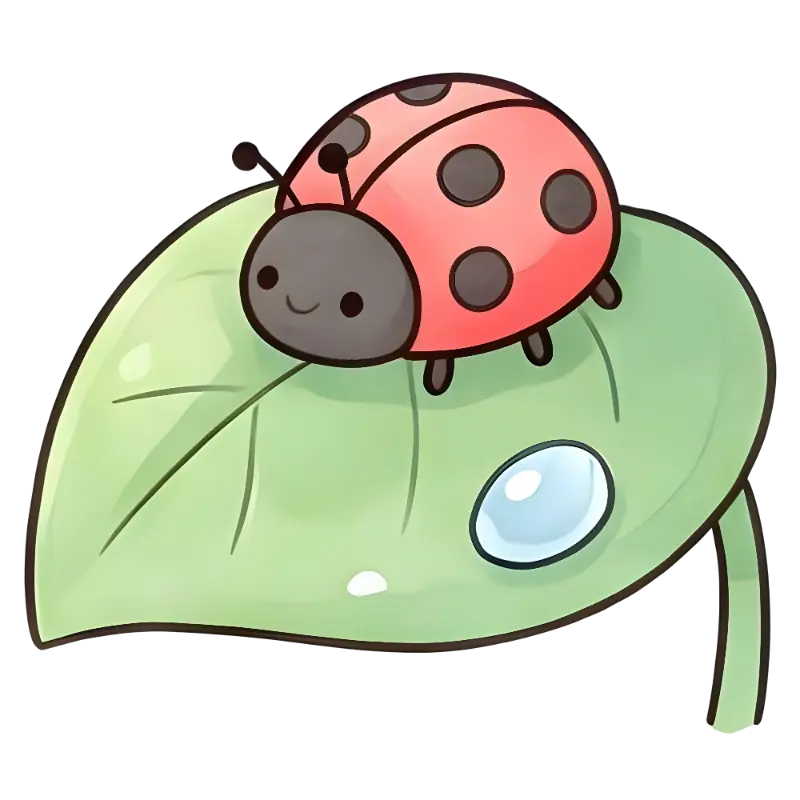 Kawaii Cartoon Ladybug on Leaf Illustration with Water Droplet