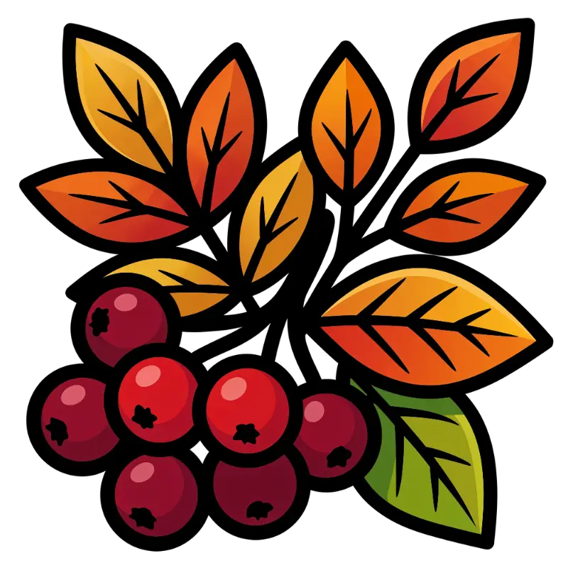 Colorful Autumn Leaves and Berries with Black Outlines