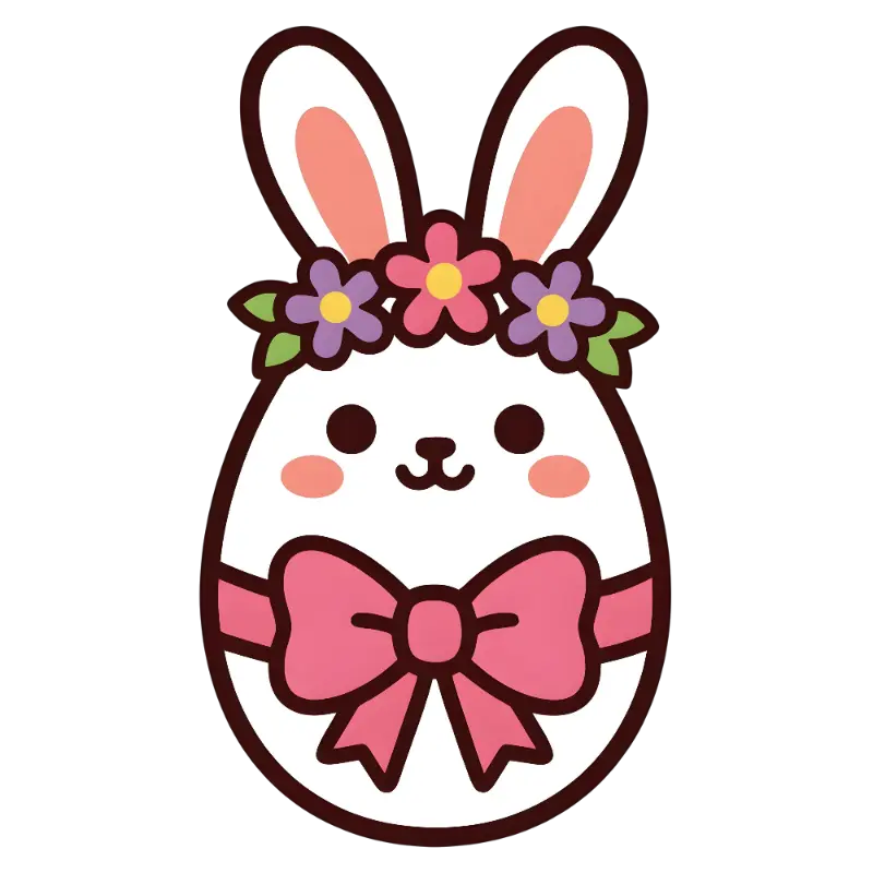 Kawaii Easter Bunny Egg with Floral Crown and Pink Bow
