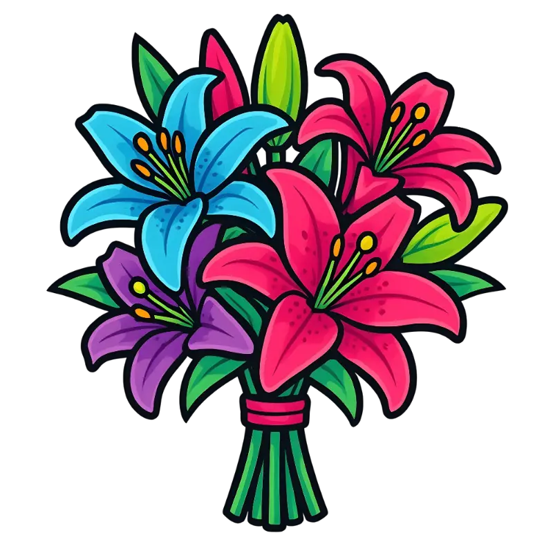 Cheerful Bold Line Art Lilies Bouquet in Pop Art Style