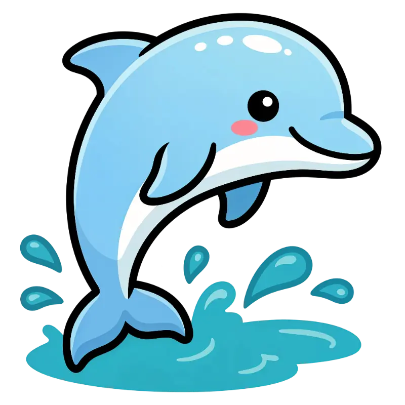 Kawaii Dolphin Character with Blushed Cheeks and Water Splash