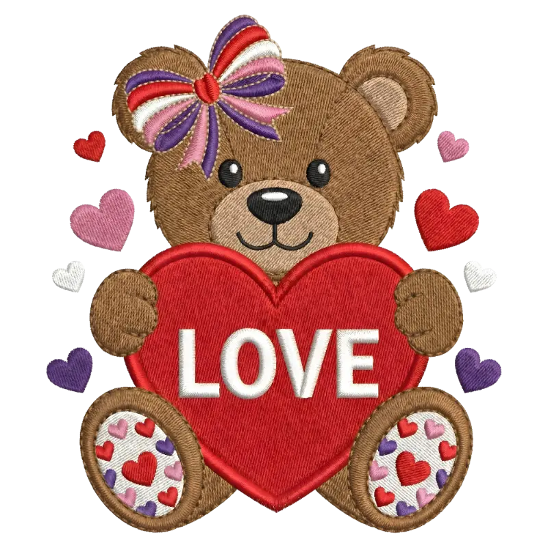 Embroidered Teddy Bear with Bow Holding LOVE Heart for Valentine's Day