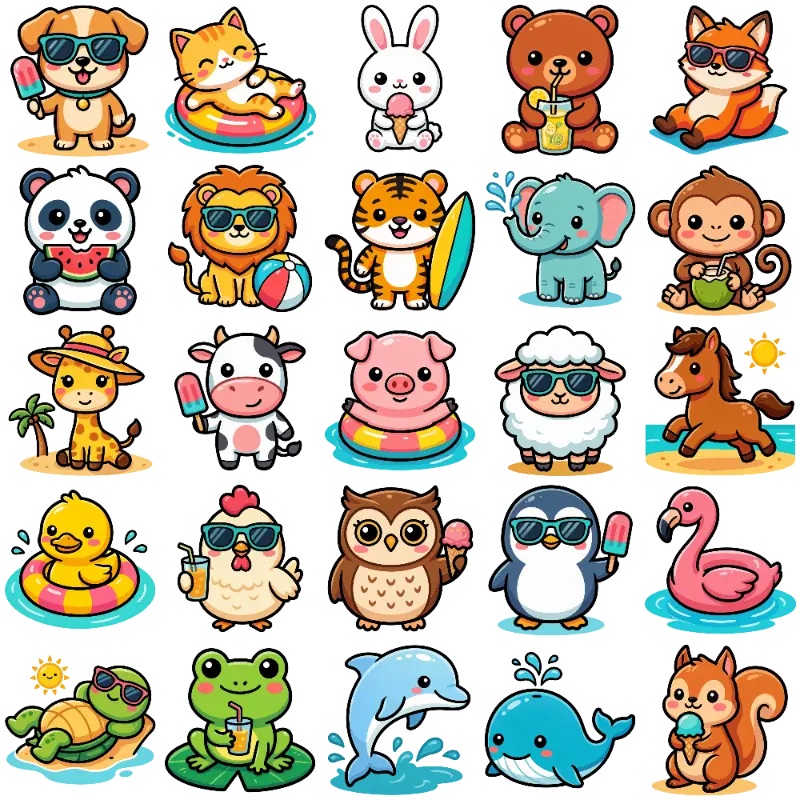 Playful Chibi Animals Summer Fun with Sunglasses and Ice Cream