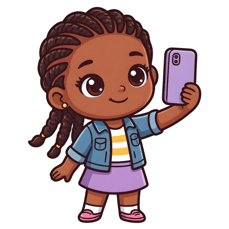 Childrens Illustration Girl with Braids and Denim Jacket Selfie