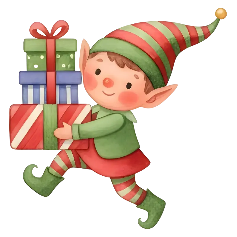 Watercolor Cartoon Christmas Elf Carrying Gifts Illustration for Festive Holiday Decor