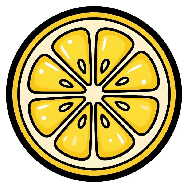 Cute Cartoon Lemon Slice with Bold Black Outlines and Pulp
