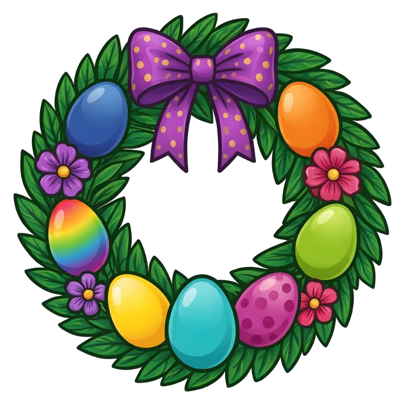 Vibrant Easter Wreath with Rainbow Egg and Purple Bow