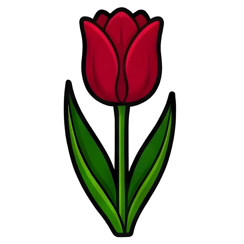 Stylized Red Tulip with Bold Outlines and Green Leaves