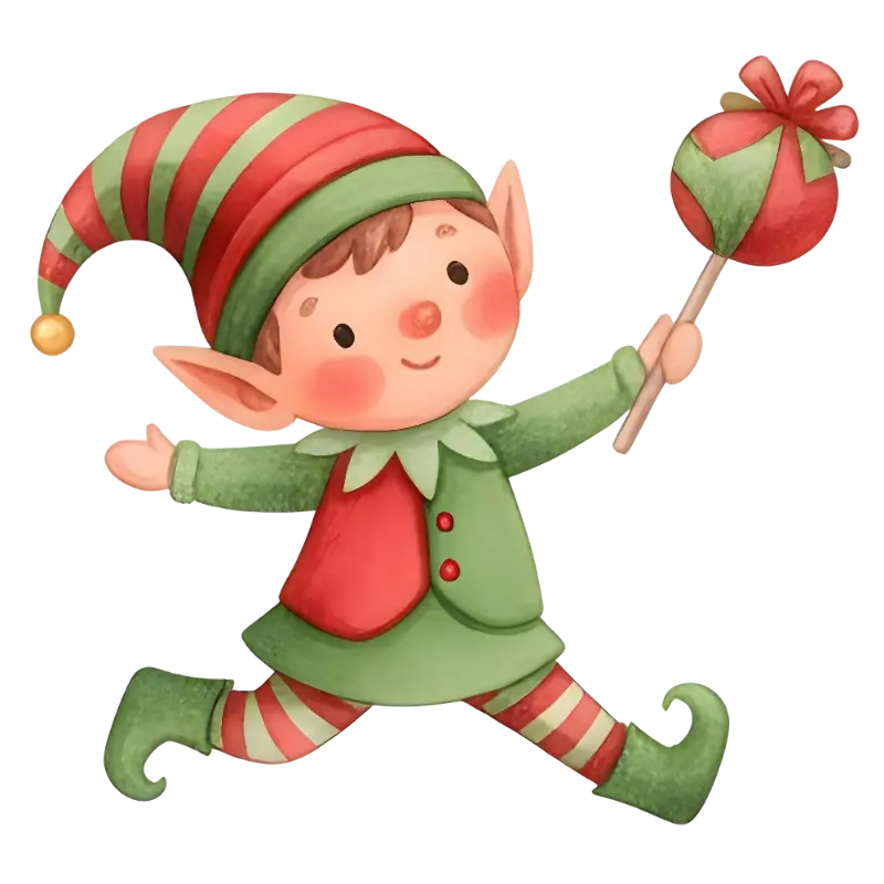 Watercolor Whimsical Christmas Elf with Gift Stick Illustration