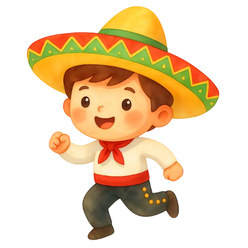 Playful Cartoon Running Boy in Sombrero and Traditional Attire