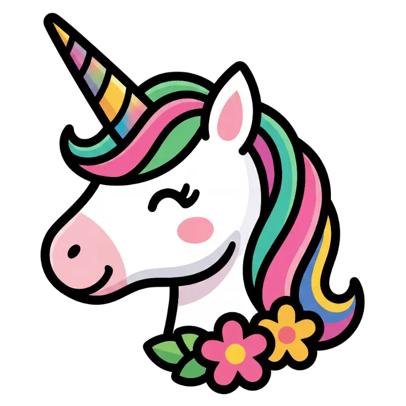 Cartoon Unicorn Head with Rainbow Horn and Flowers
