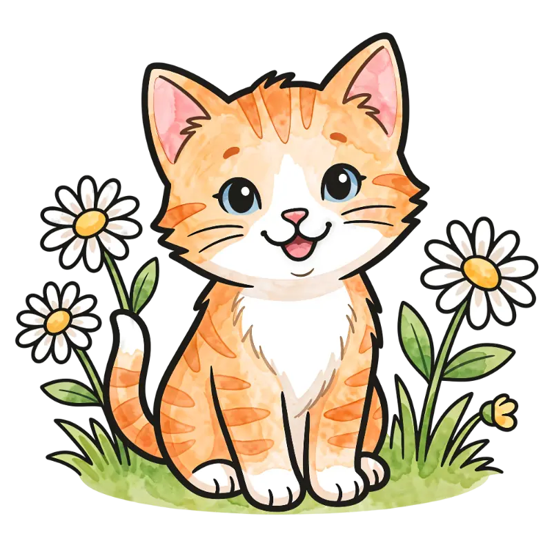 Cute Watercolor Smiling Orange Tabby Cat with Daisies