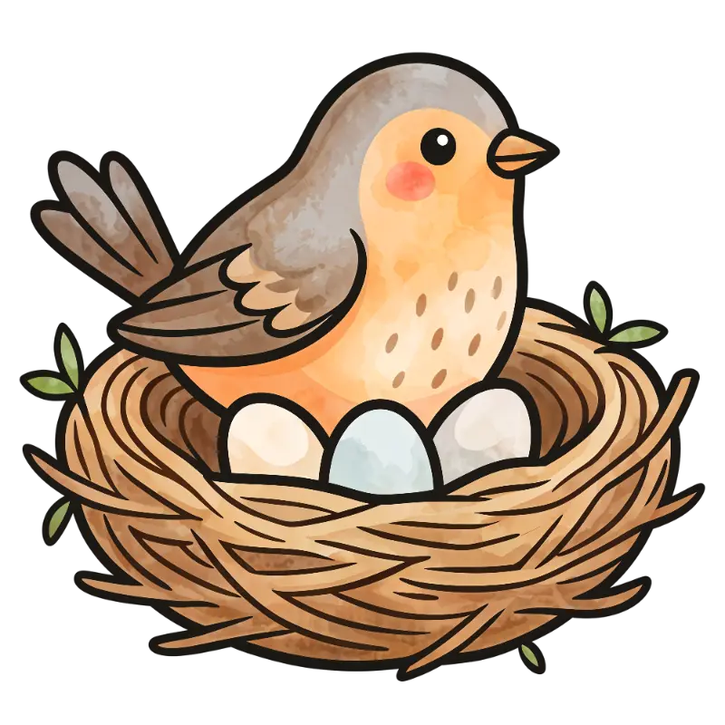 Cute Watercolor Cartoon Bird in Nest with Eggs