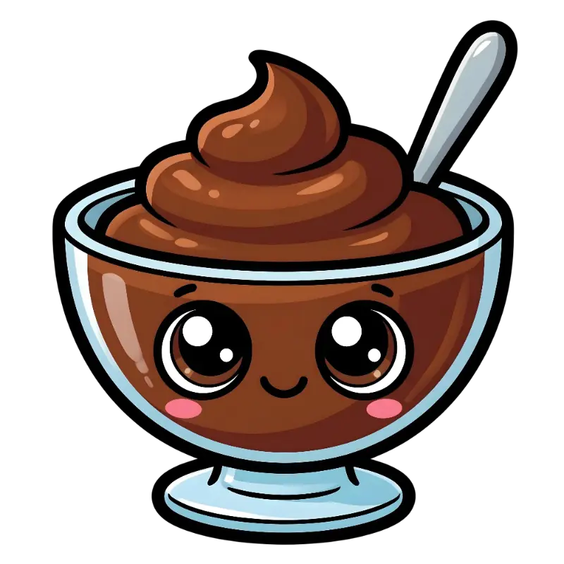 Kawaii Chocolate Pudding Character with Spoon and Rosy Cheeks